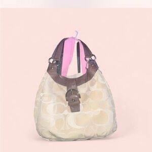 Coach Beige Signature Hobo with Brown Leather Trim